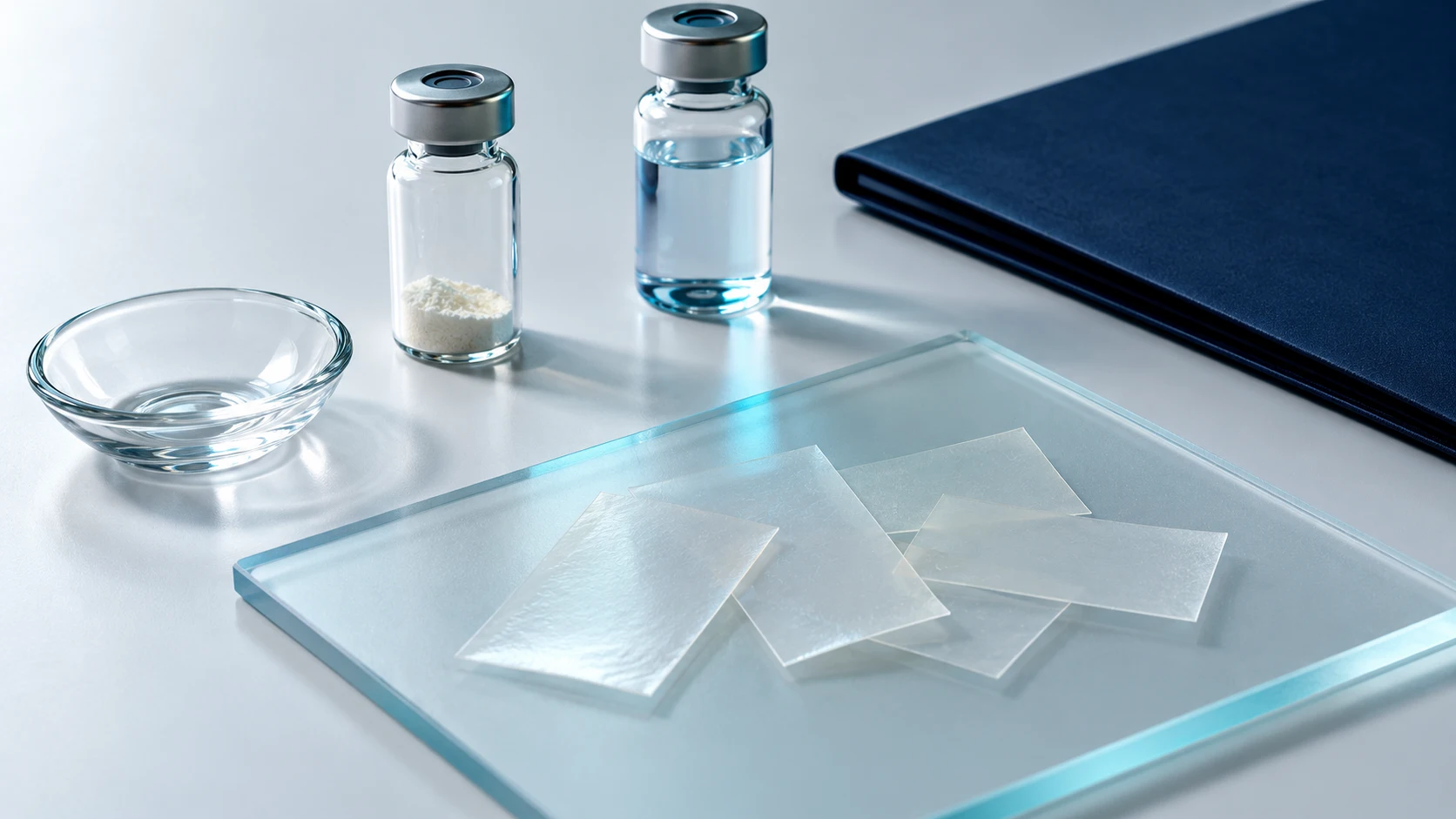 Conceptual still life of unlabelled reference vials, translucent oral film samples and an unmarked analytical folder; no test results are shown.