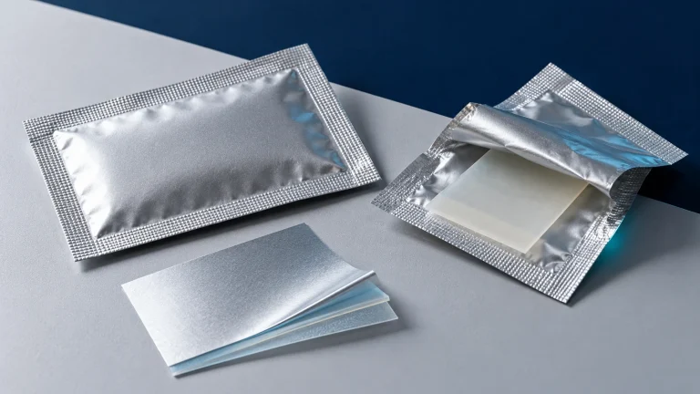 Conceptual close-up of sealed and opened silver oral film sachets and a laminate swatch; no measured barrier performance is depicted.