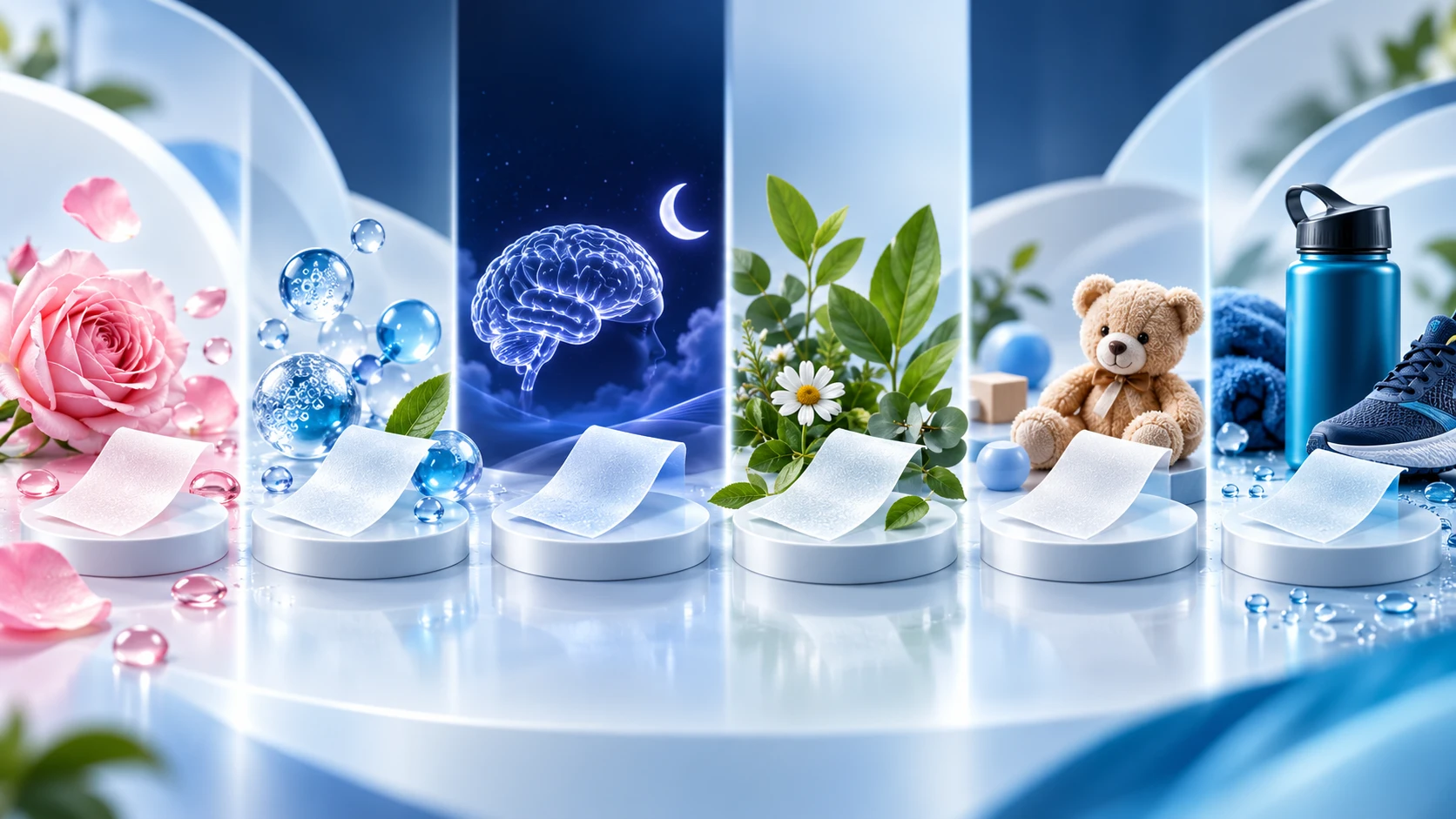 Six oral film formulation themes in a unified blue and cyan palette